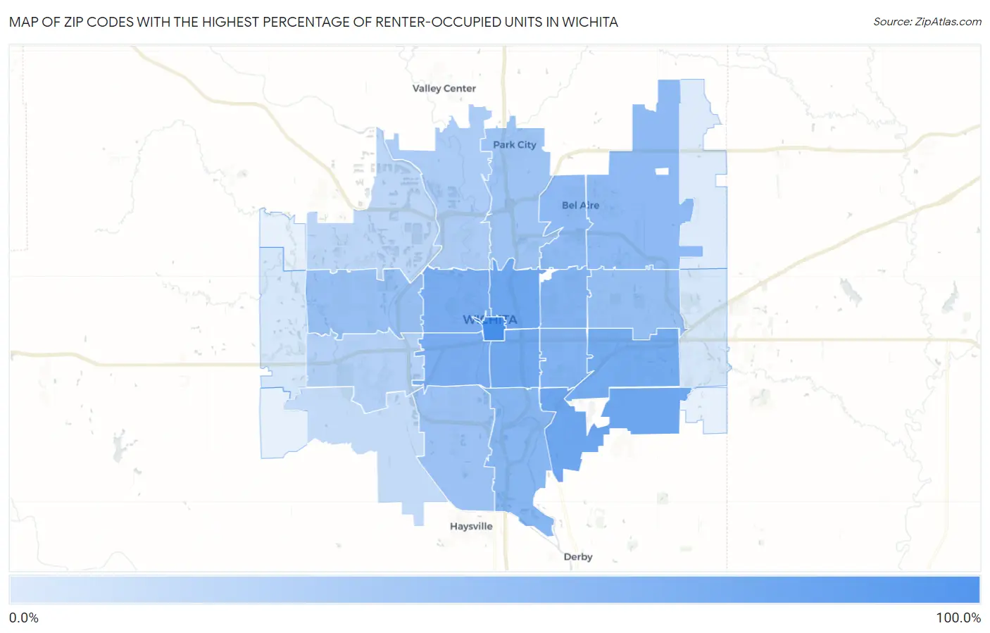Zip Codes with the Highest Percentage of Renter-Occupied Units in Wichita Map