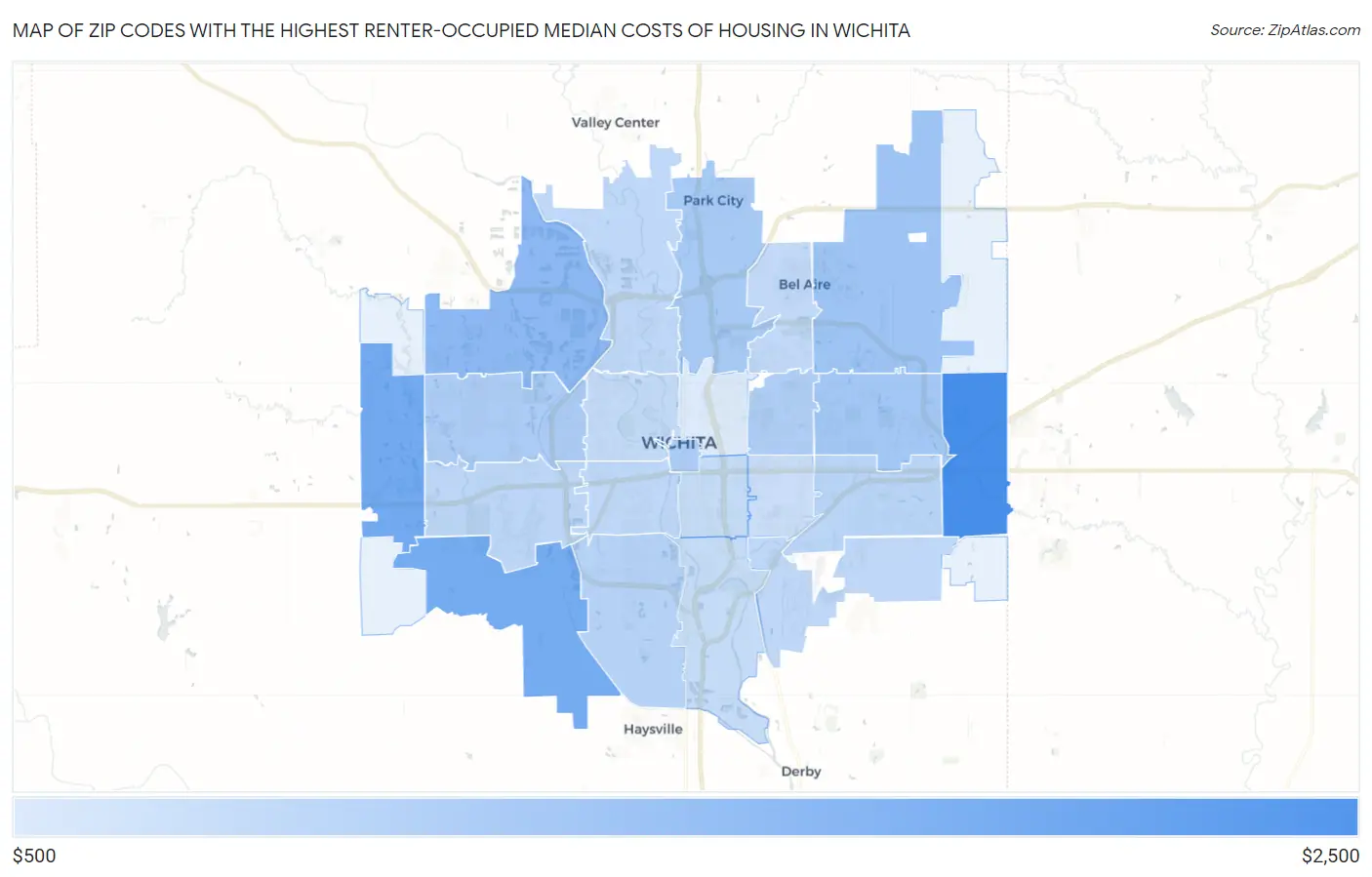Zip Codes with the Highest Renter-Occupied Median Costs of Housing in Wichita Map