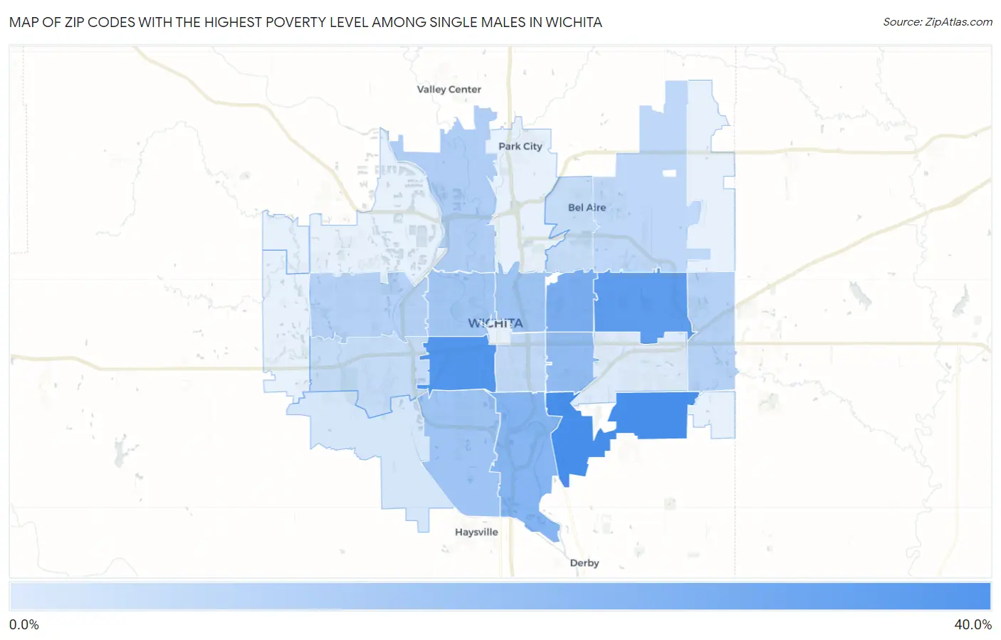 Zip Codes with the Highest Poverty Level Among Single Males in Wichita Map