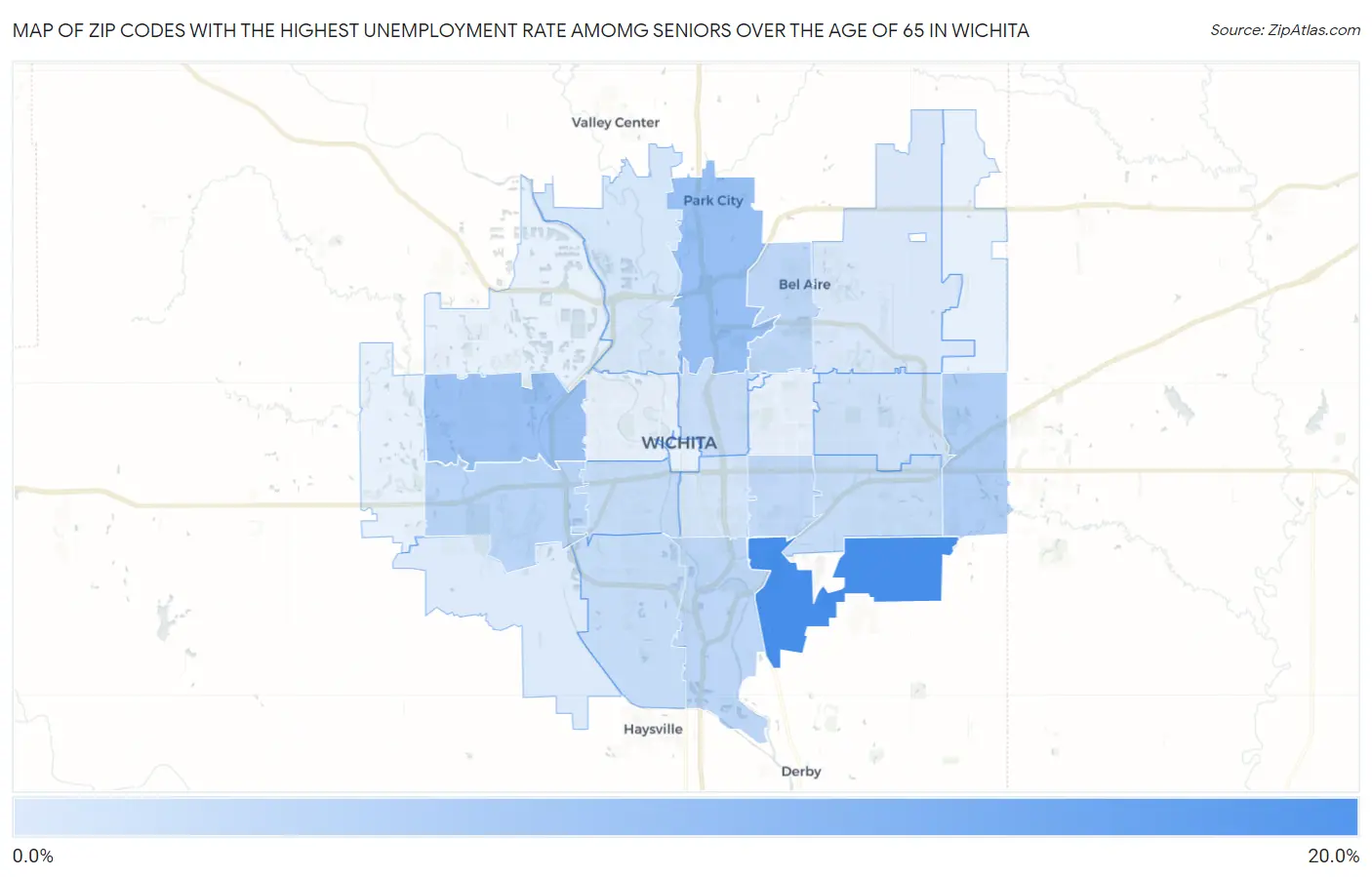 Zip Codes with the Highest Unemployment Rate Amomg Seniors Over the Age of 65 in Wichita Map