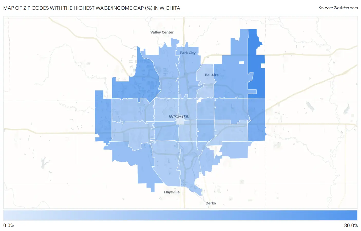Zip Codes with the Highest Wage/Income Gap (%) in Wichita Map