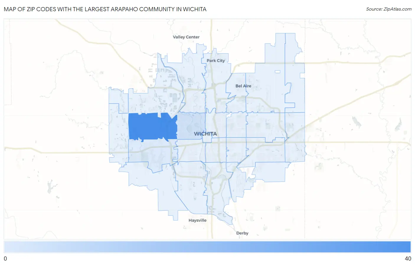 Zip Codes with the Largest Arapaho Community in Wichita Map