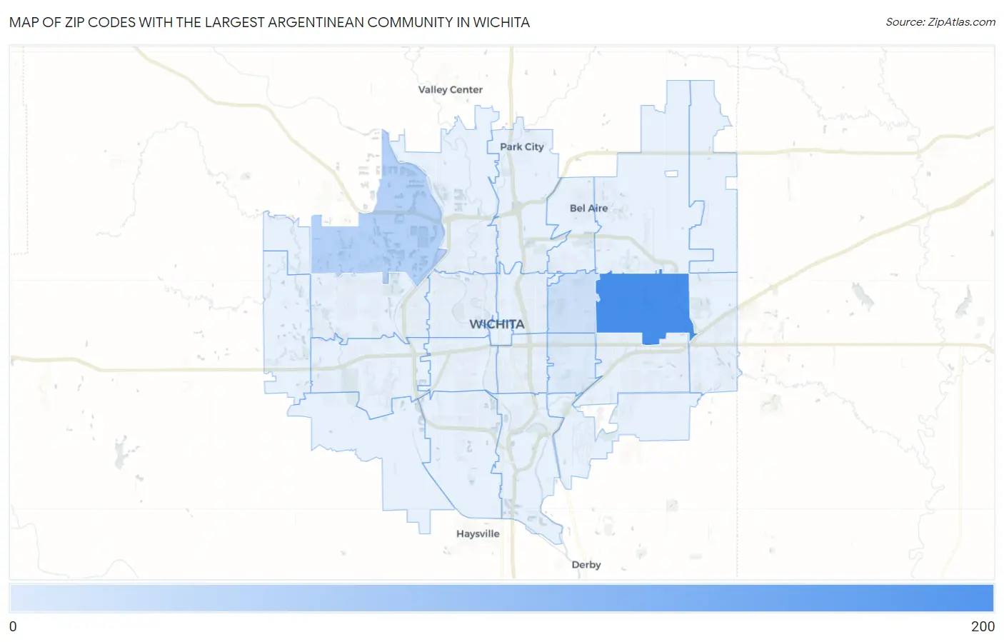 Zip Codes with the Largest Argentinean Community in Wichita Map