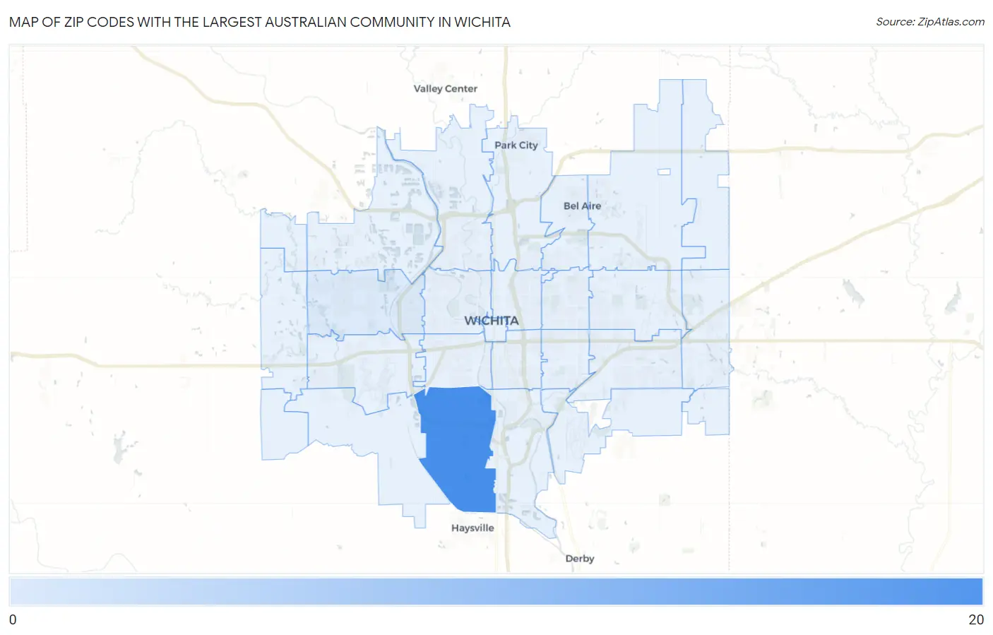 Zip Codes with the Largest Australian Community in Wichita Map
