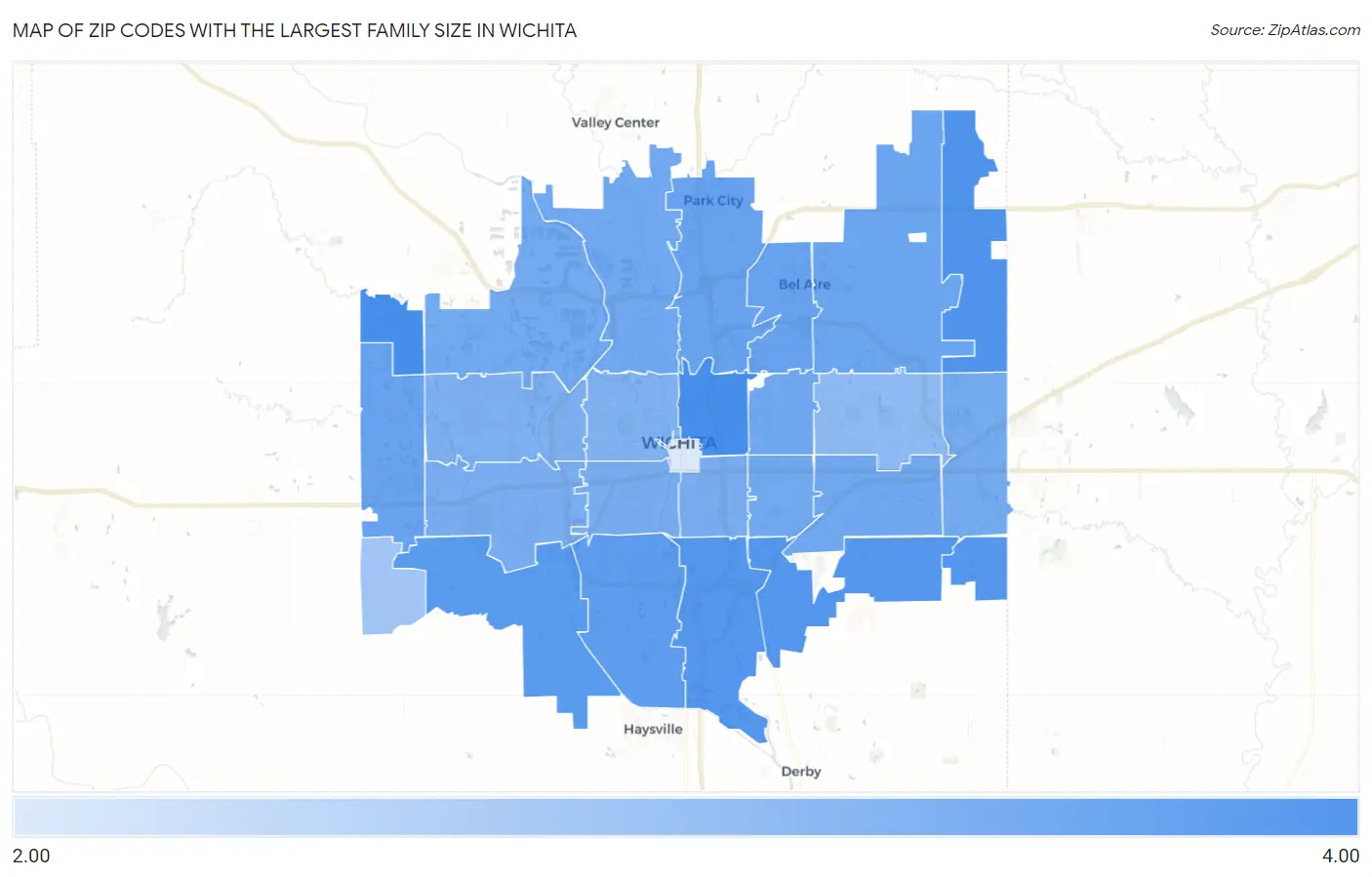 Zip Codes with the Largest Family Size in Wichita Map