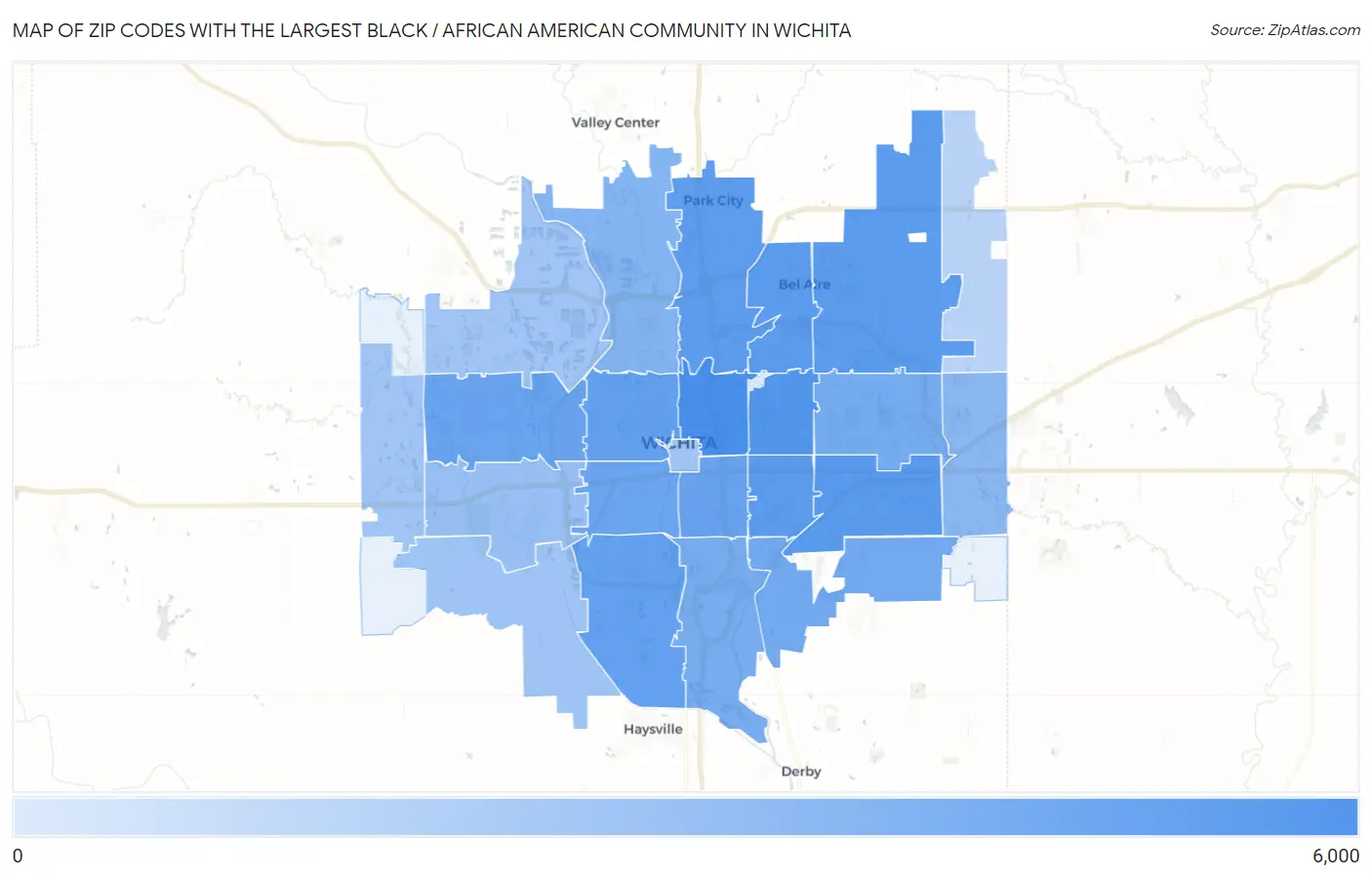 Zip Codes with the Largest Black / African American Community in Wichita Map