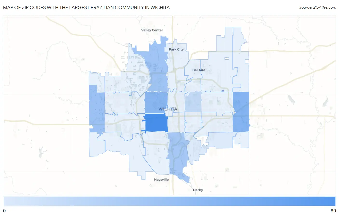 Zip Codes with the Largest Brazilian Community in Wichita Map