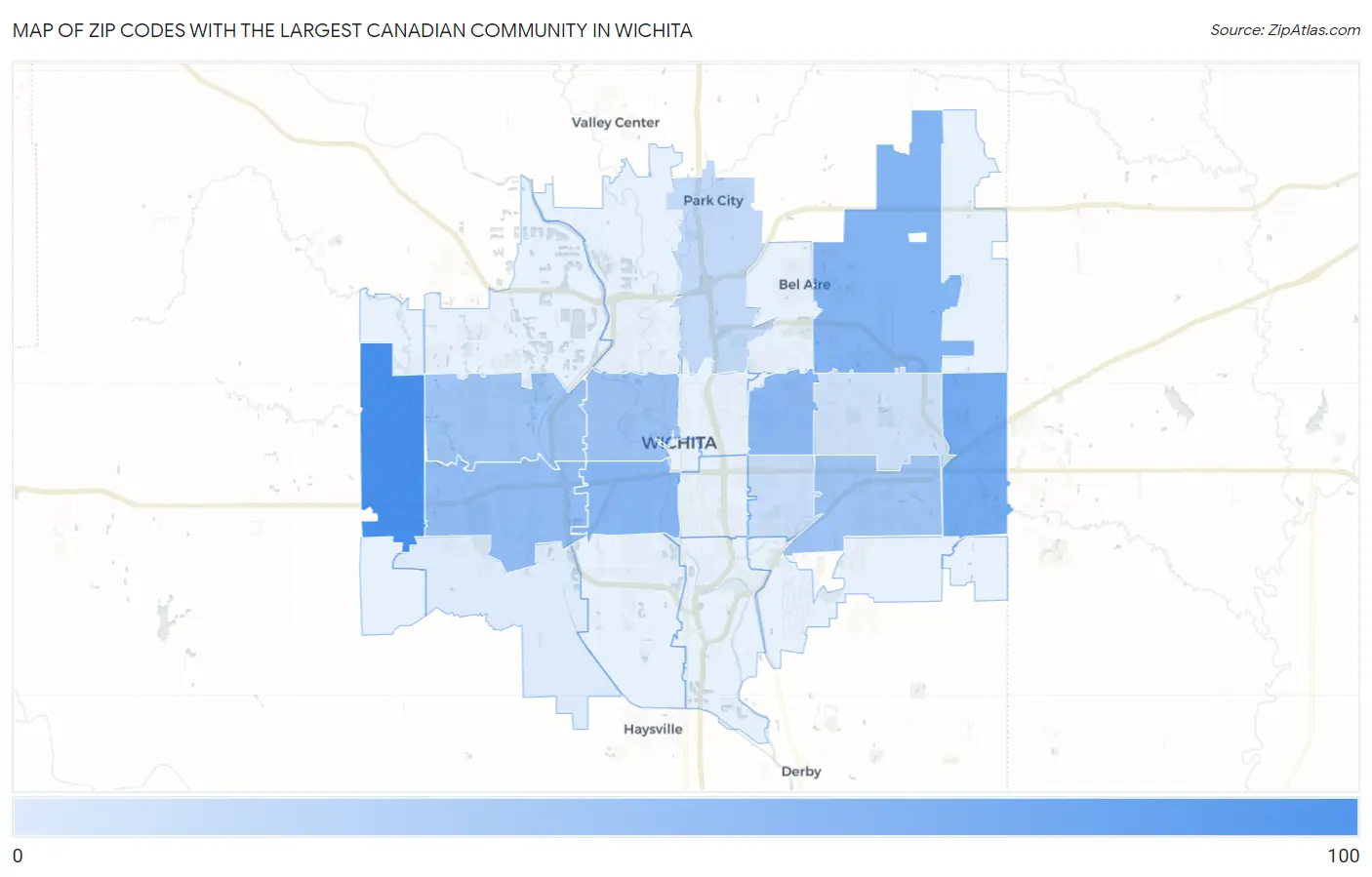 Zip Codes with the Largest Canadian Community in Wichita Map
