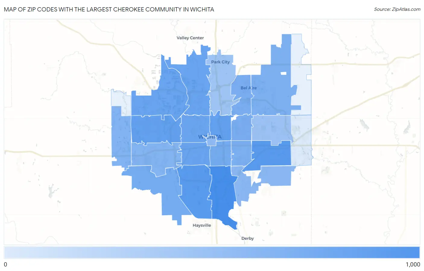 Zip Codes with the Largest Cherokee Community in Wichita Map