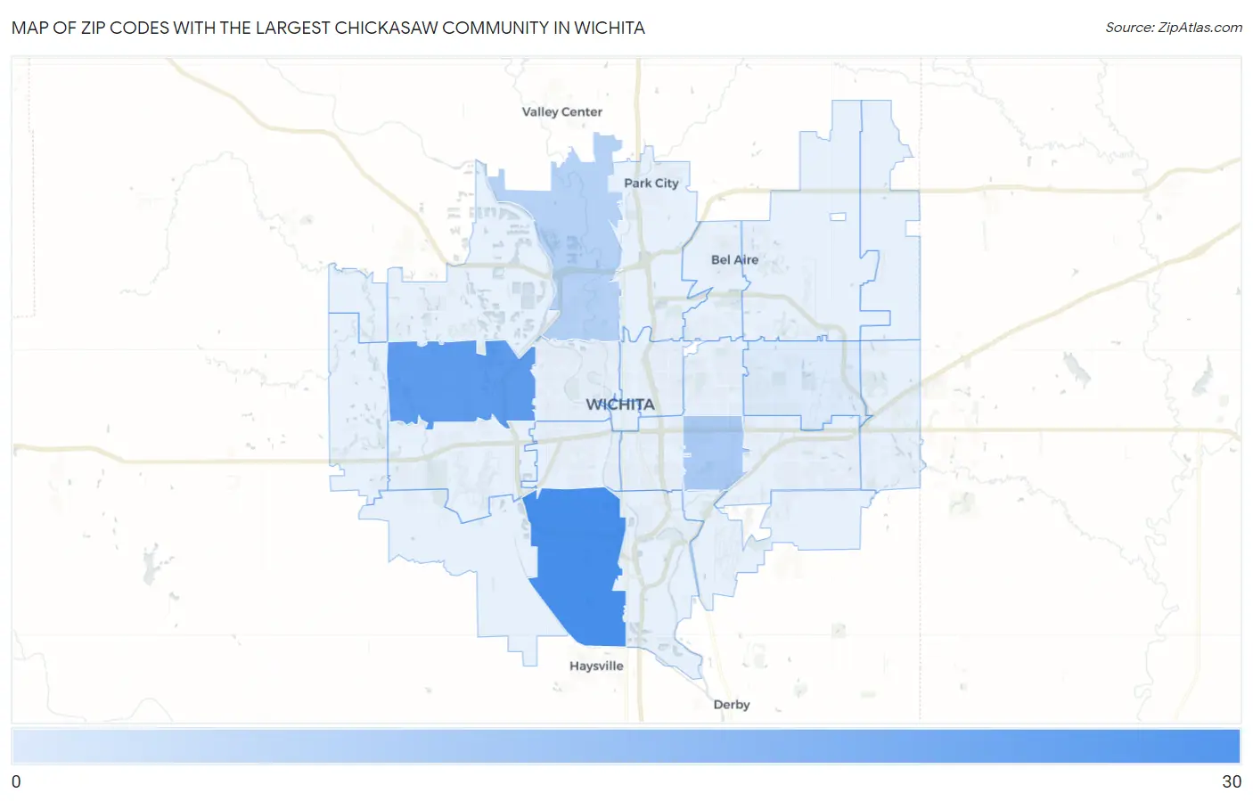 Zip Codes with the Largest Chickasaw Community in Wichita Map