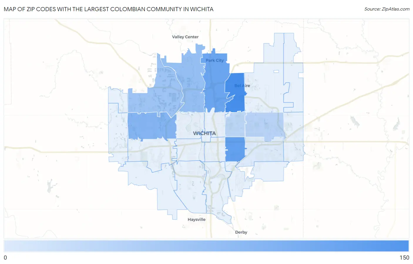 Zip Codes with the Largest Colombian Community in Wichita Map