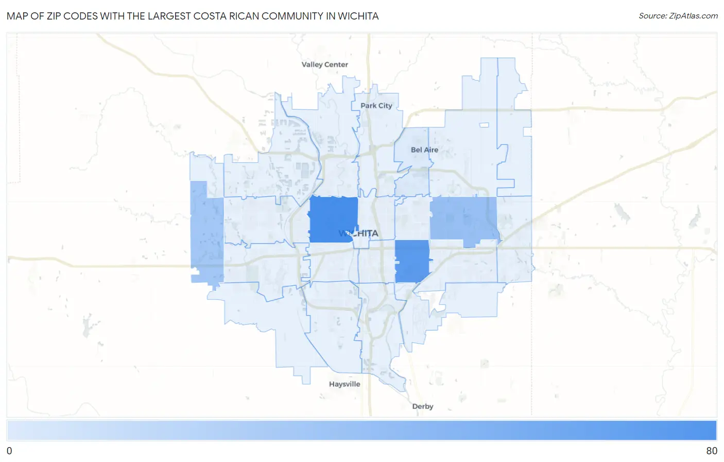 Zip Codes with the Largest Costa Rican Community in Wichita Map