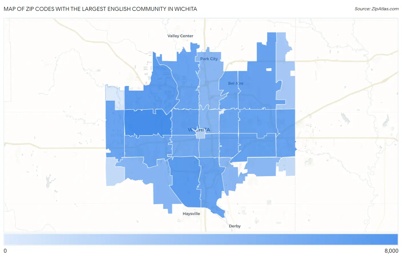 Zip Codes with the Largest English Community in Wichita Map