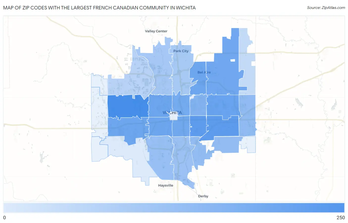 Zip Codes with the Largest French Canadian Community in Wichita Map