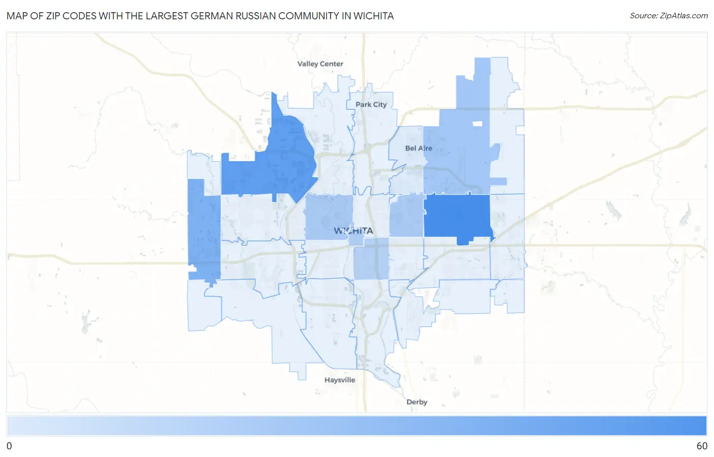 Zip Codes with the Largest German Russian Community in Wichita Map