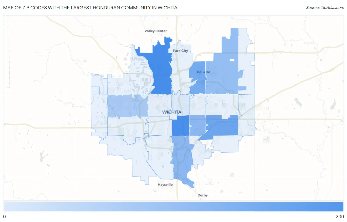 Zip Codes with the Largest Honduran Community in Wichita Map