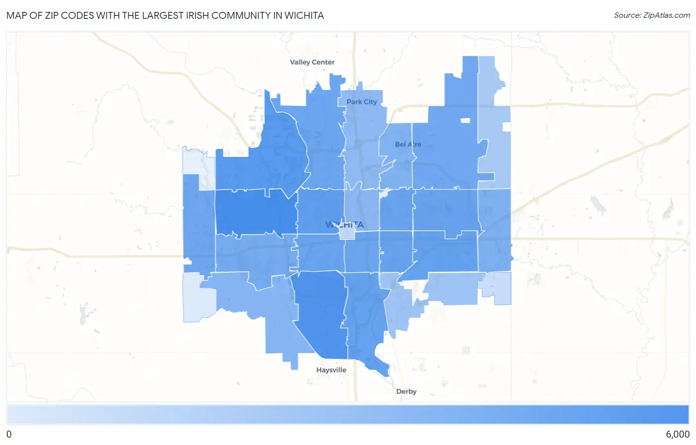 Zip Codes with the Largest Irish Community in Wichita Map