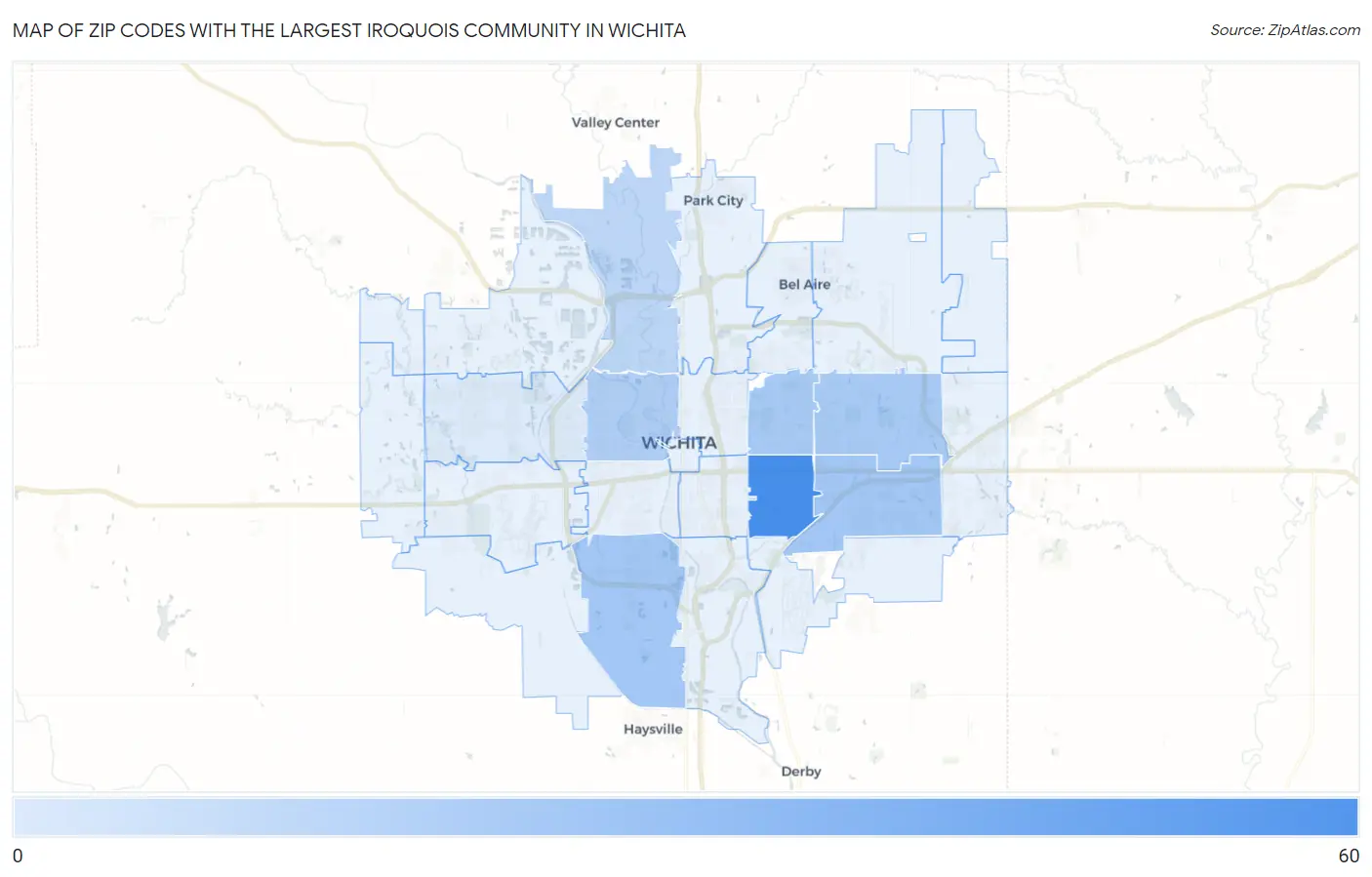 Zip Codes with the Largest Iroquois Community in Wichita Map