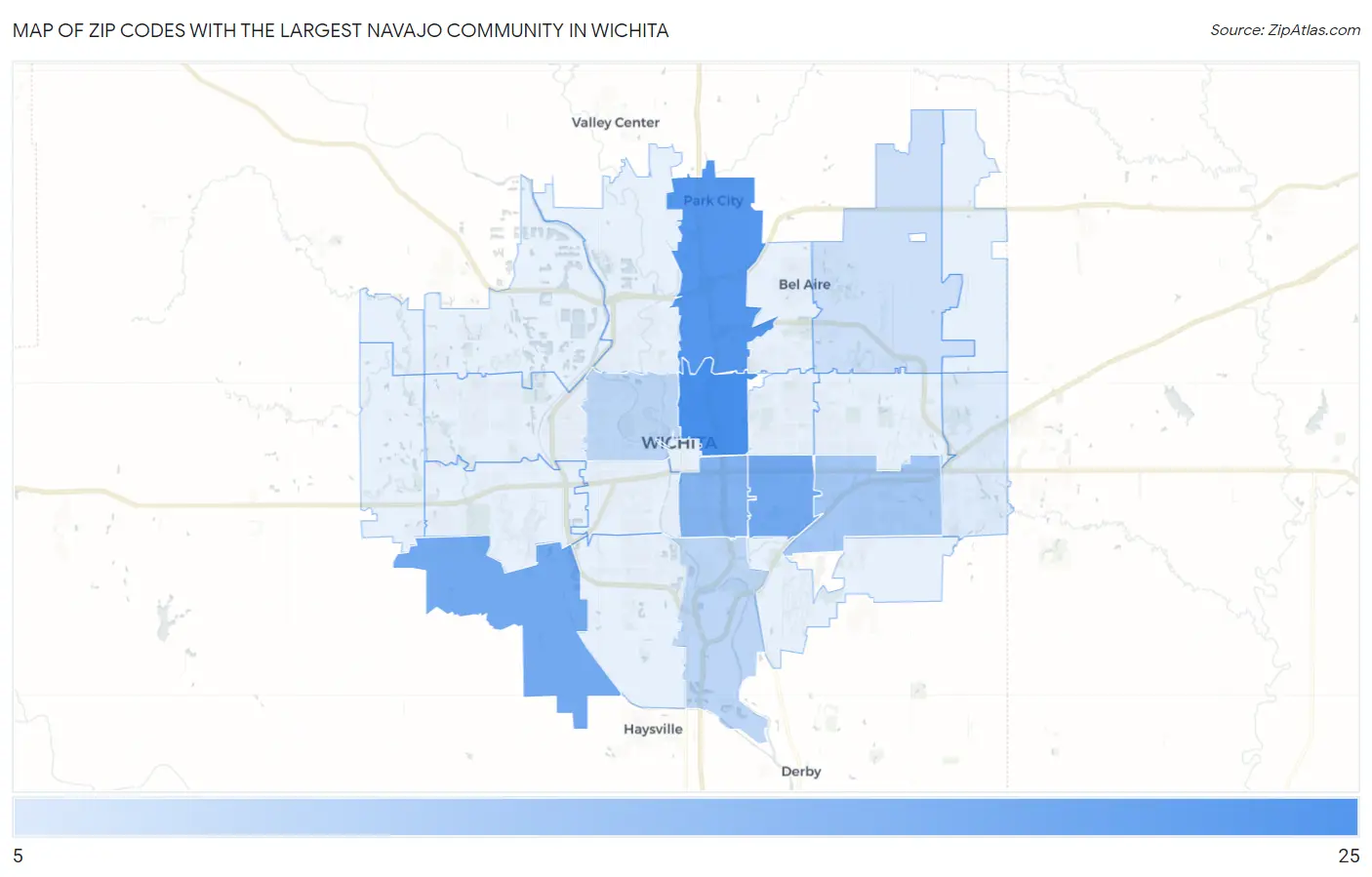 Zip Codes with the Largest Navajo Community in Wichita Map