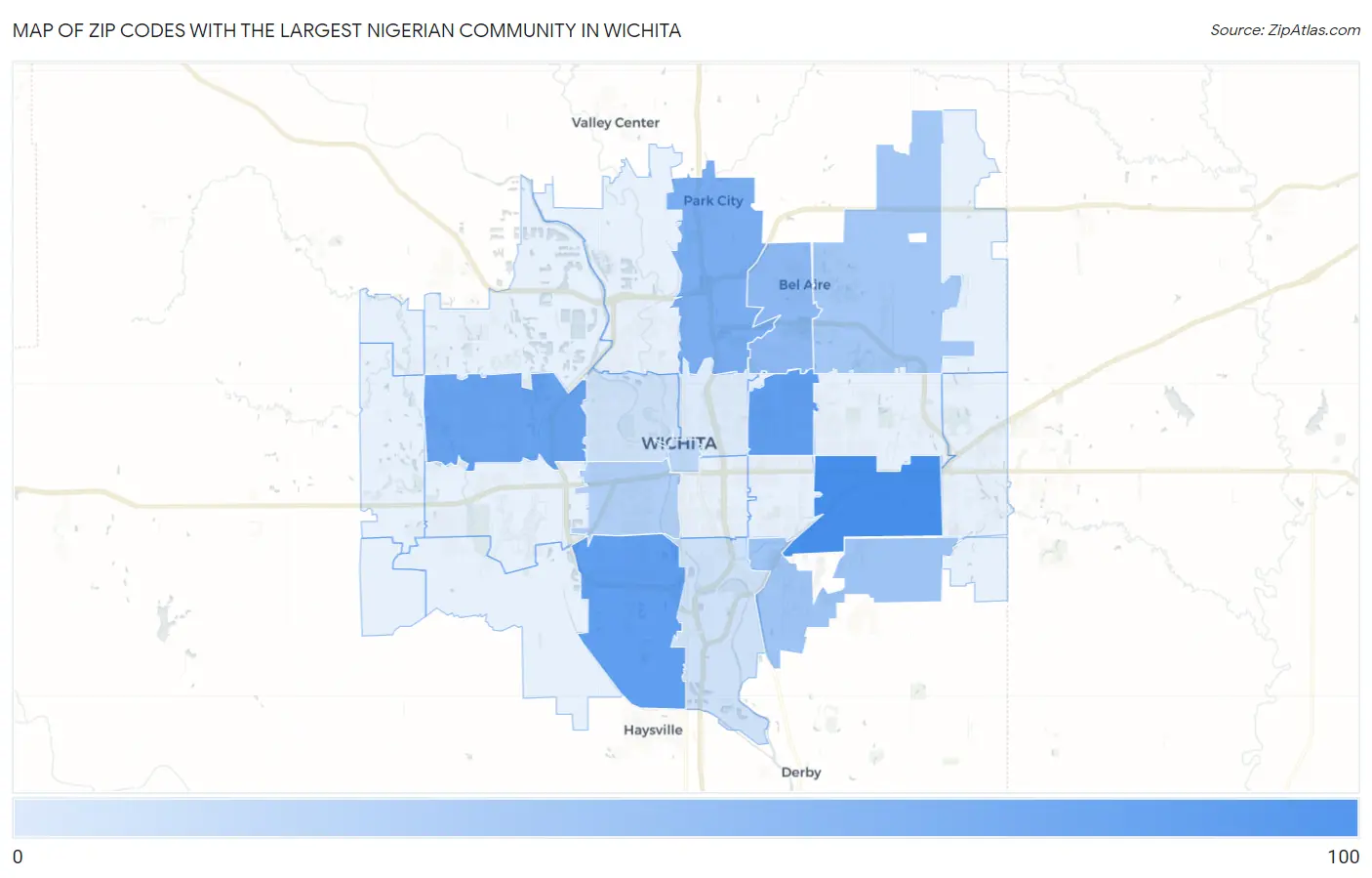 Zip Codes with the Largest Nigerian Community in Wichita Map