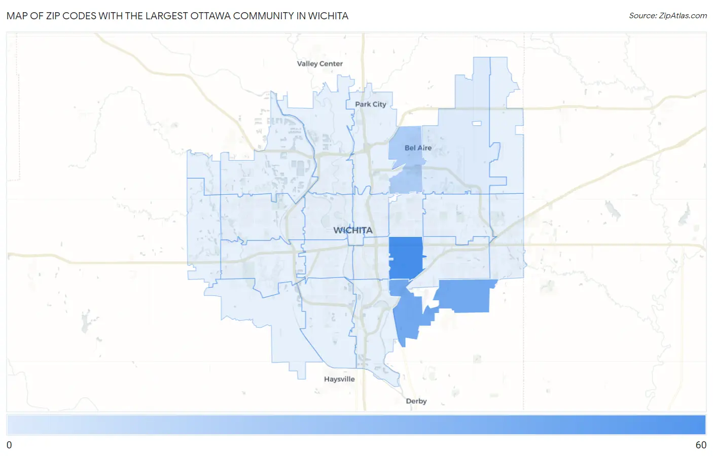 Zip Codes with the Largest Ottawa Community in Wichita Map