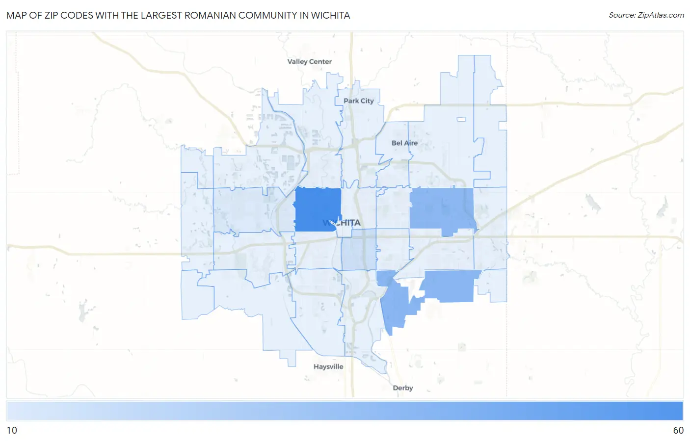 Zip Codes with the Largest Romanian Community in Wichita Map