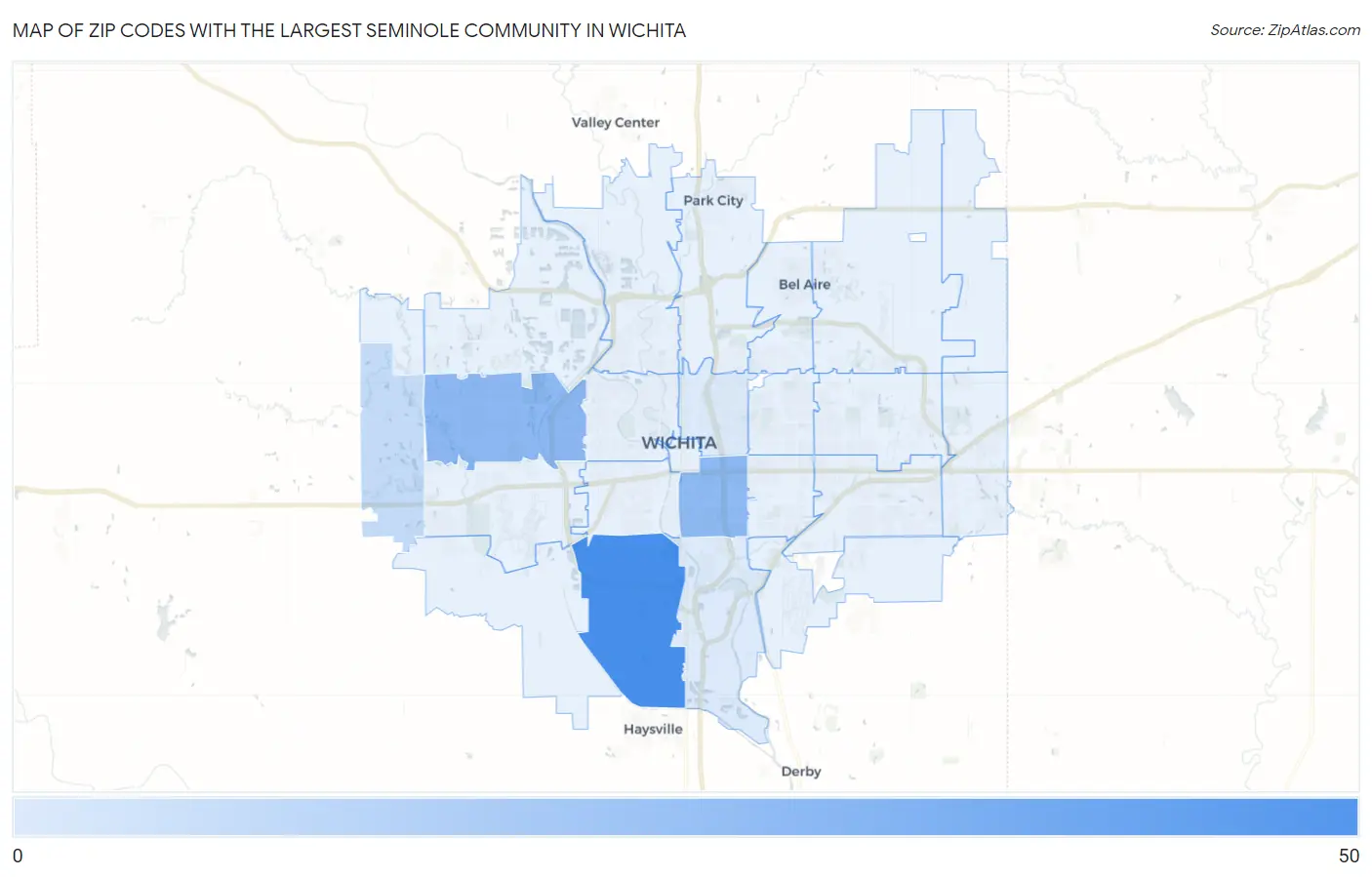 Zip Codes with the Largest Seminole Community in Wichita Map