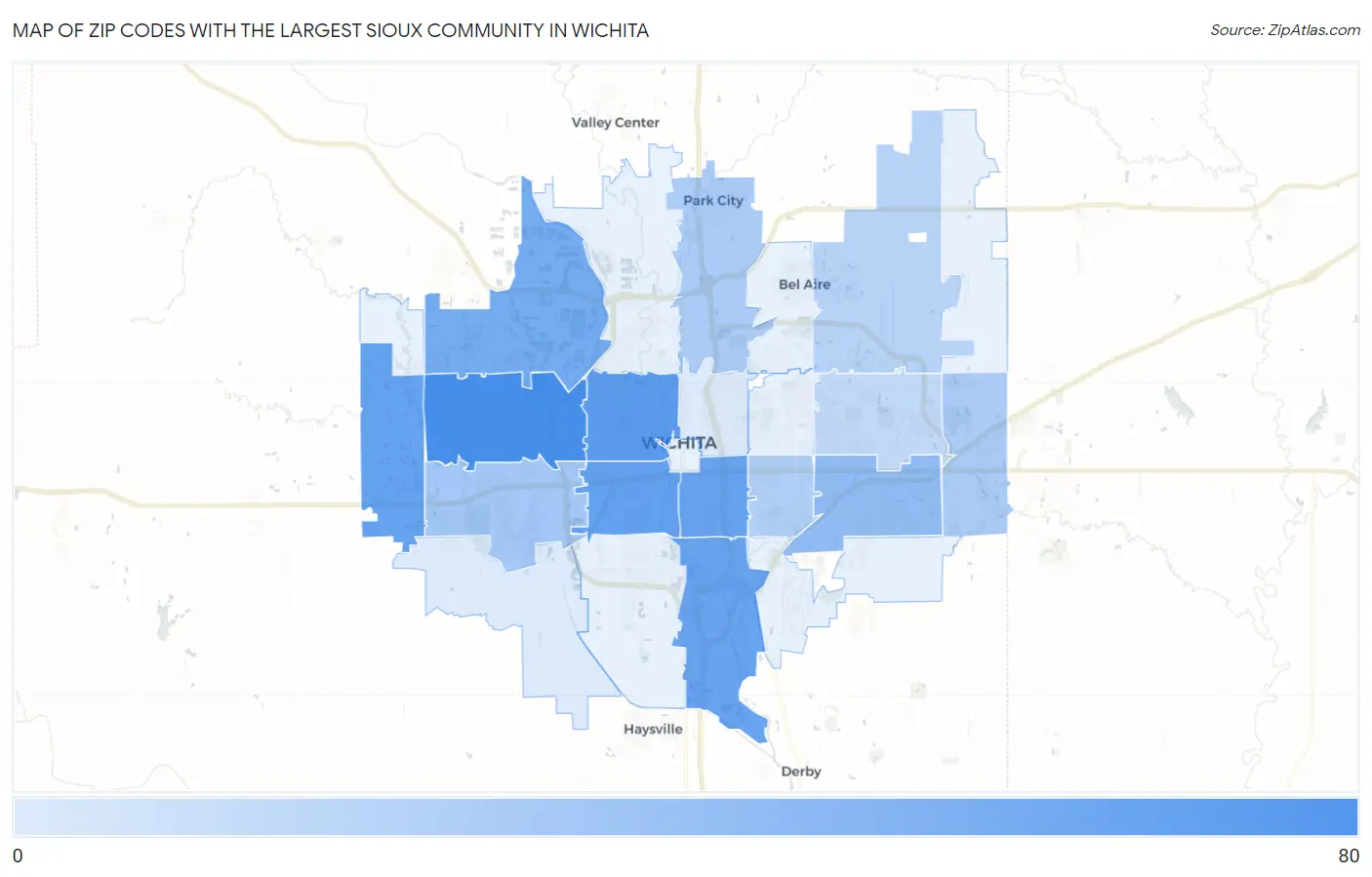 Zip Codes with the Largest Sioux Community in Wichita Map