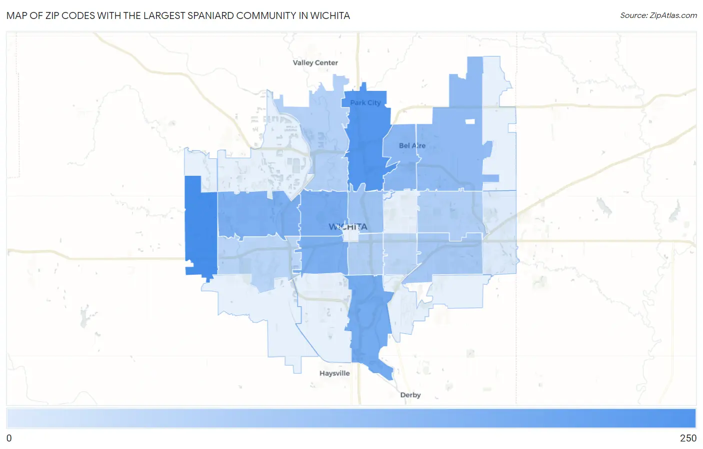 Zip Codes with the Largest Spaniard Community in Wichita Map