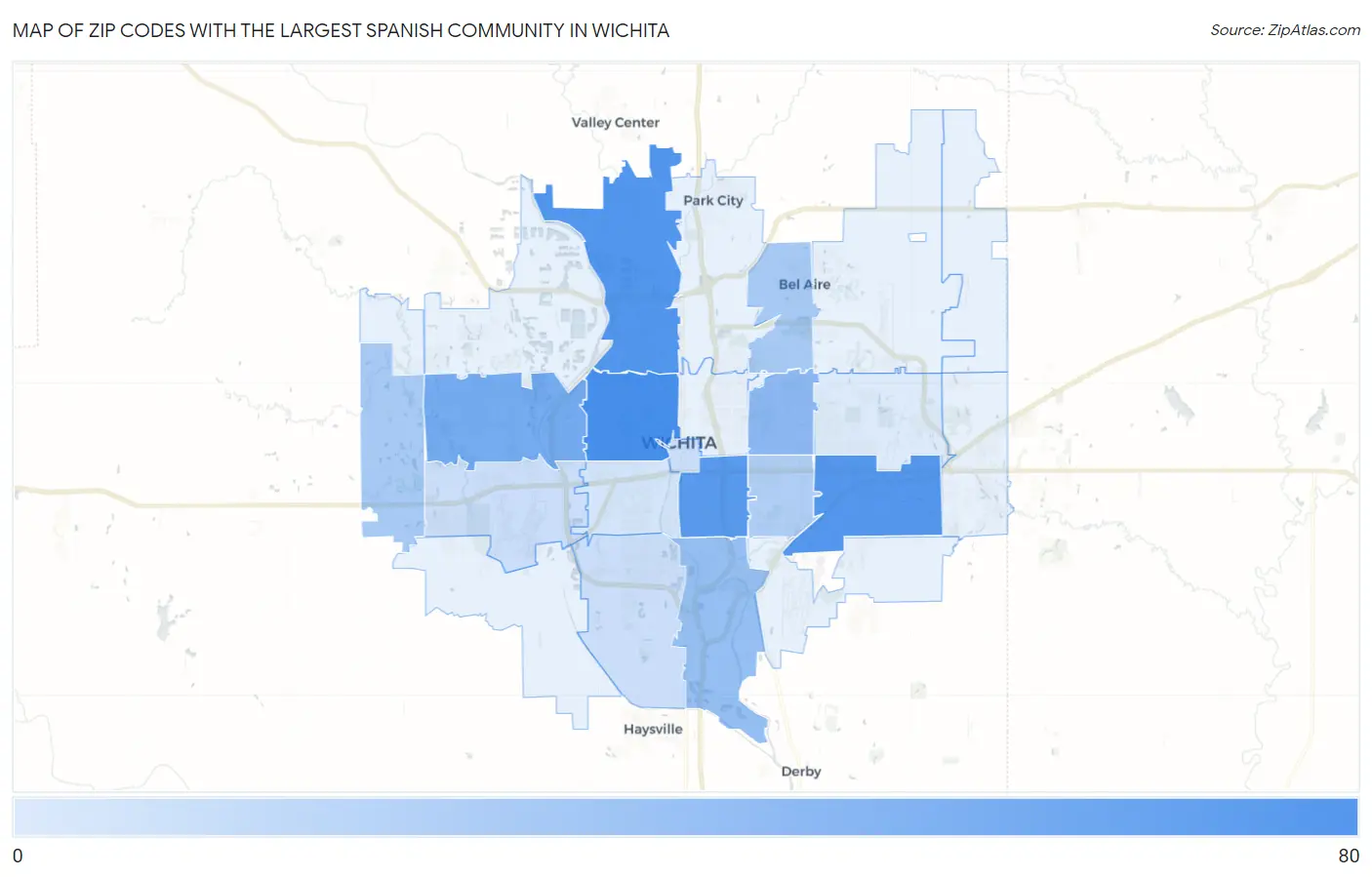 Zip Codes with the Largest Spanish Community in Wichita Map