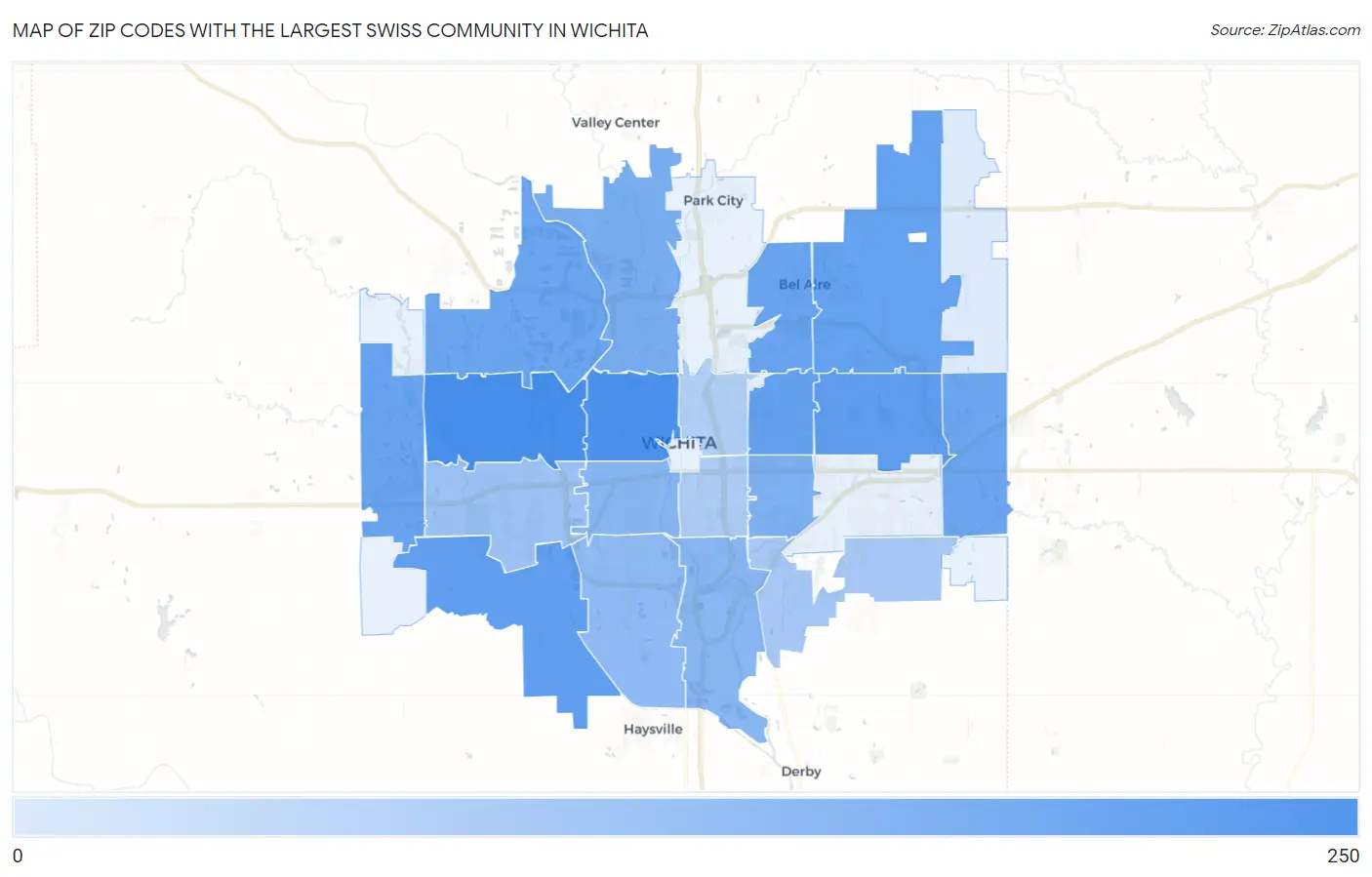 Zip Codes with the Largest Swiss Community in Wichita Map
