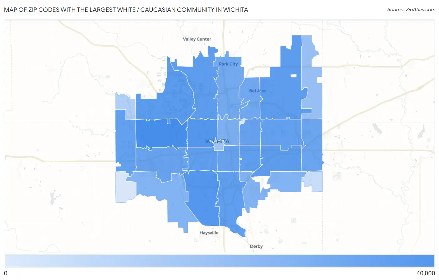 Zip Codes with the Largest White / Caucasian Community in Wichita Map