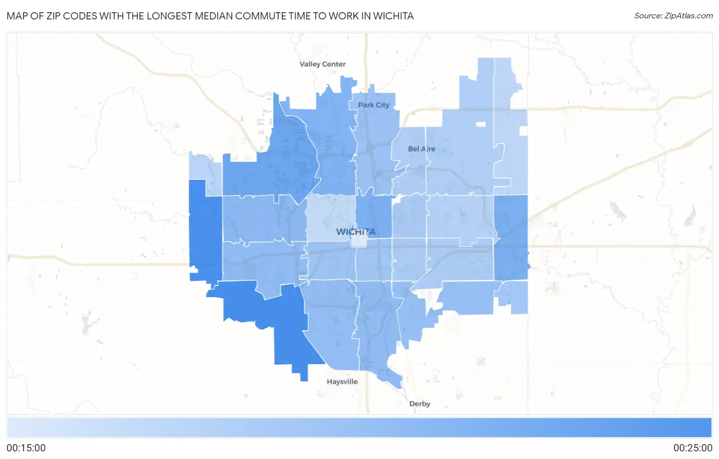Zip Codes with the Longest Median Commute Time to Work in Wichita Map