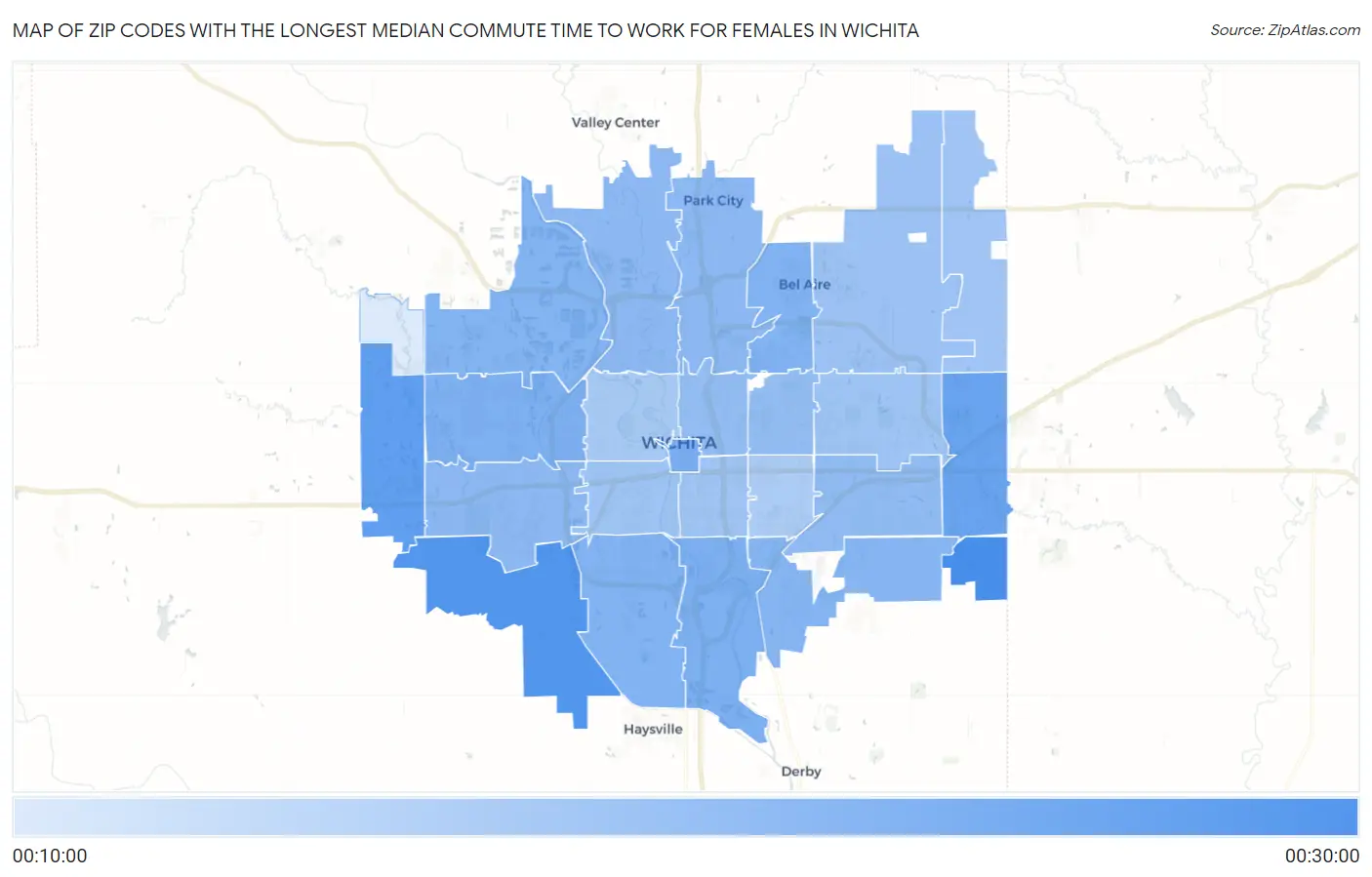 Zip Codes with the Longest Median Commute Time to Work for Females in Wichita Map