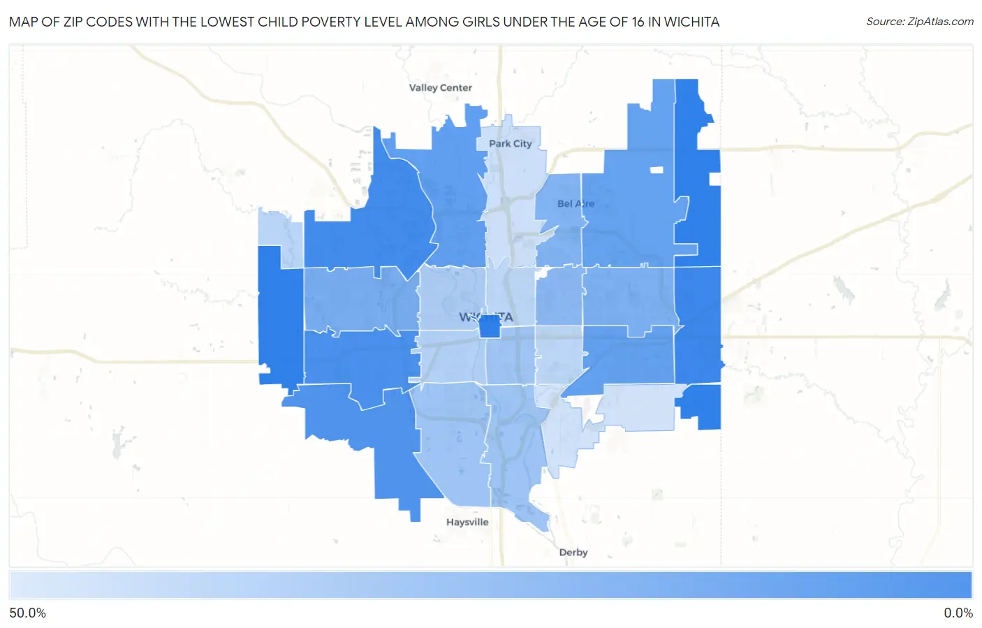 Zip Codes with the Lowest Child Poverty Level Among Girls Under the Age of 16 in Wichita Map