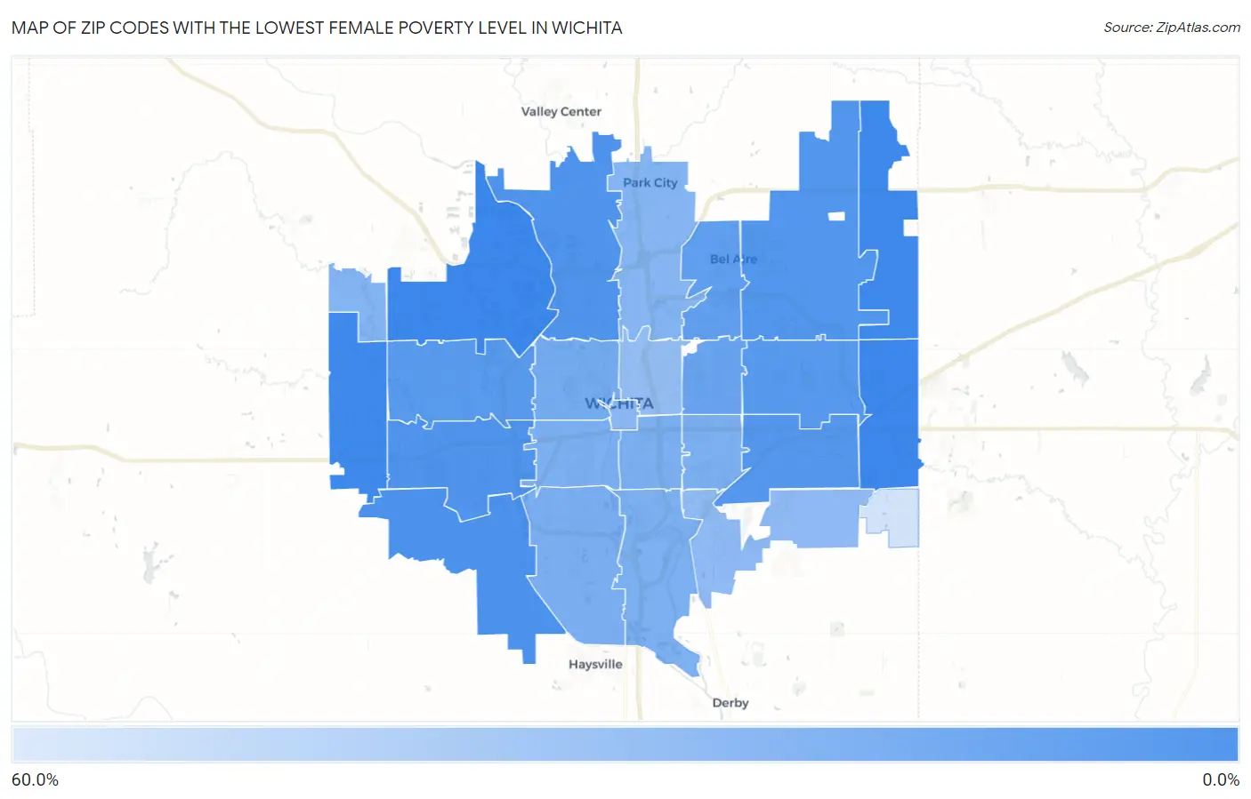 Zip Codes with the Lowest Female Poverty Level in Wichita Map