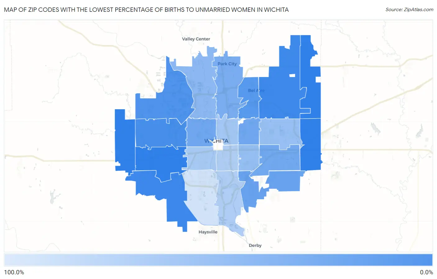 Zip Codes with the Lowest Percentage of Births to Unmarried Women in Wichita Map