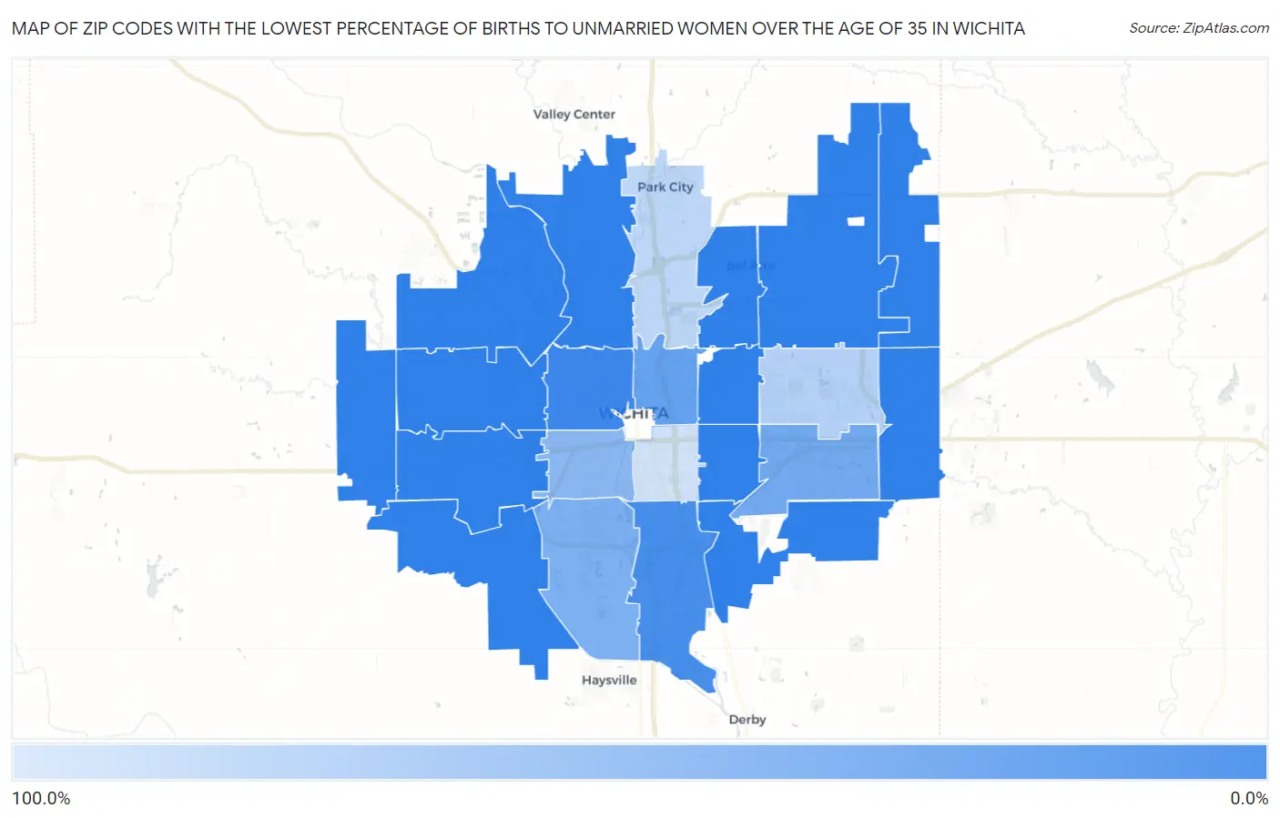 Zip Codes with the Lowest Percentage of Births to Unmarried Women over the Age of 35 in Wichita Map