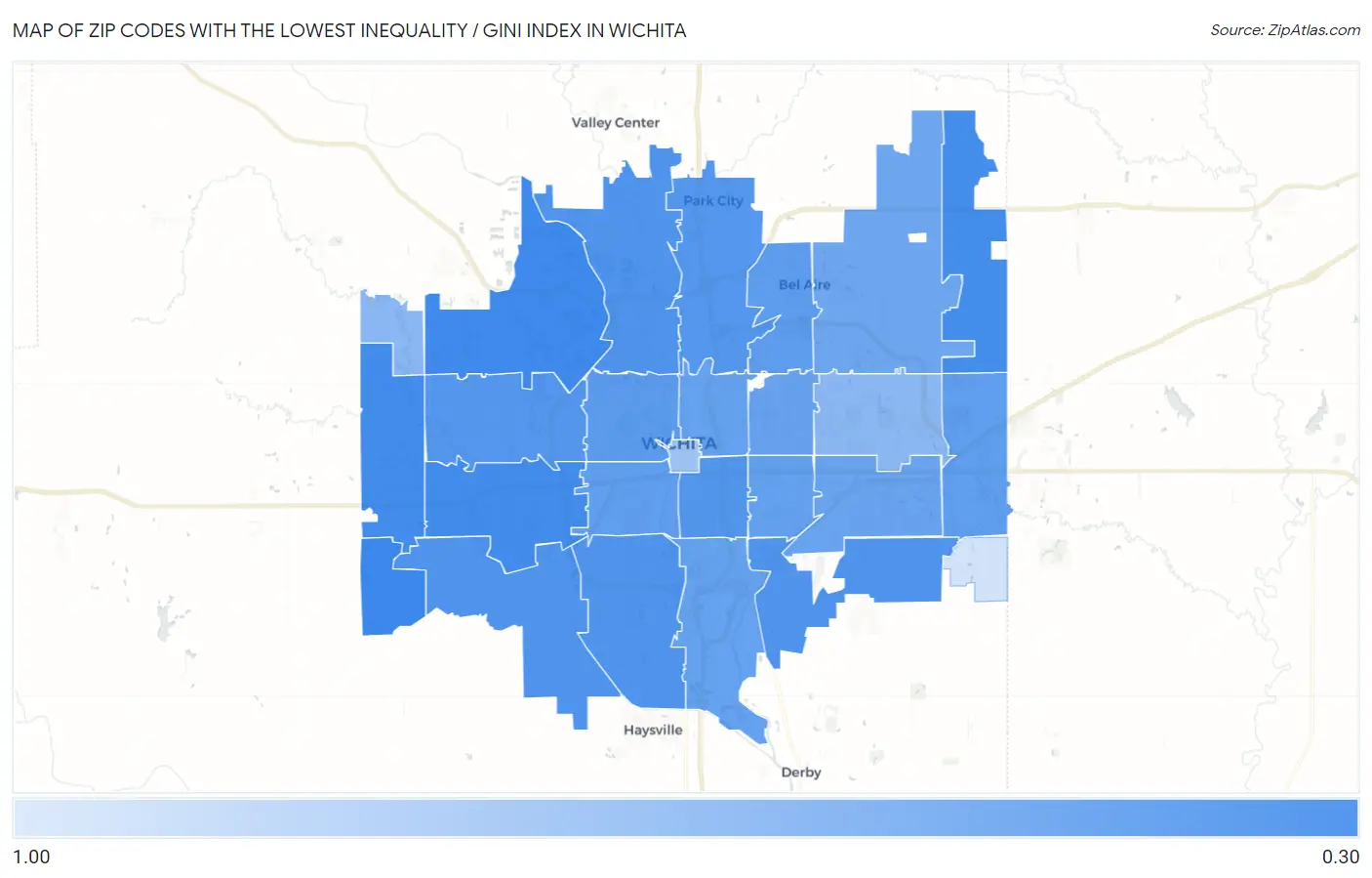Zip Codes with the Lowest Inequality / Gini Index in Wichita Map