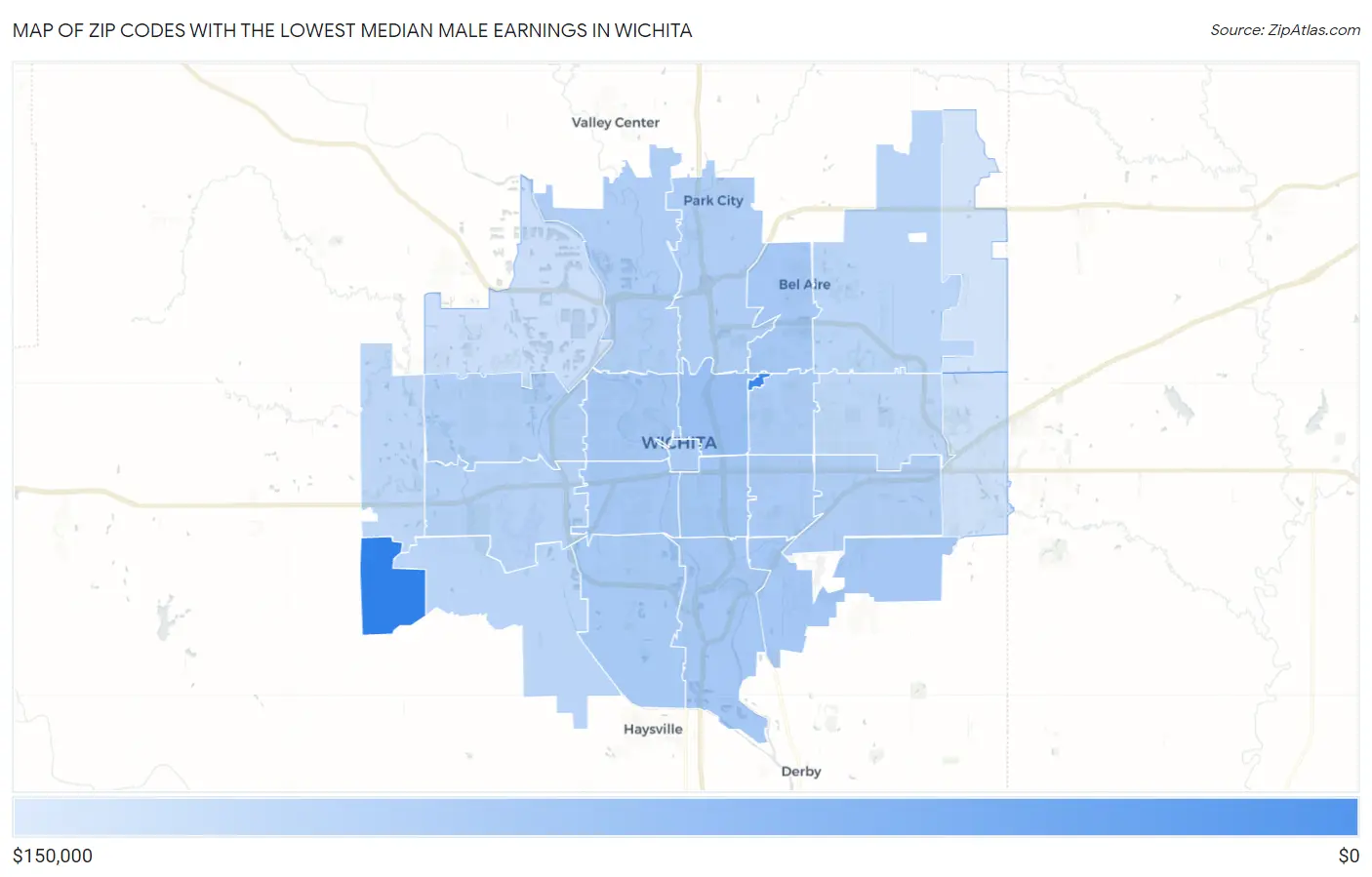 Zip Codes with the Lowest Median Male Earnings in Wichita Map