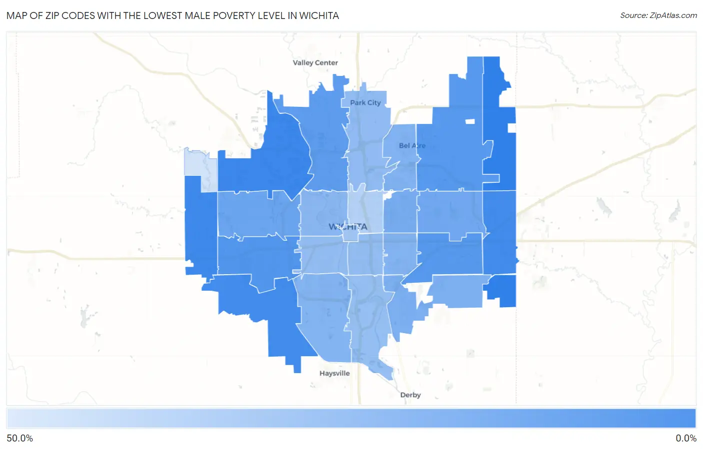 Zip Codes with the Lowest Male Poverty Level in Wichita Map