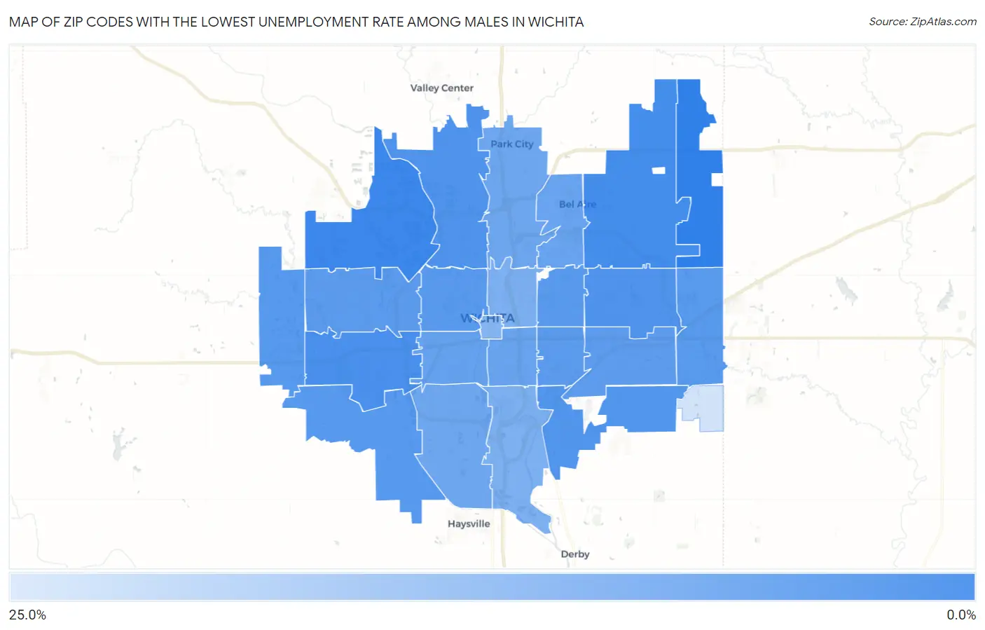 Zip Codes with the Lowest Unemployment Rate Among Males in Wichita Map