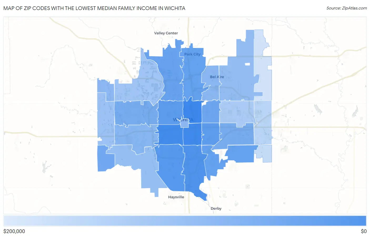 Zip Codes with the Lowest Median Family Income in Wichita Map