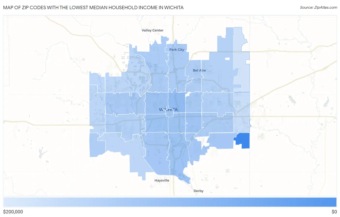 Zip Codes with the Lowest Median Household Income in Wichita Map