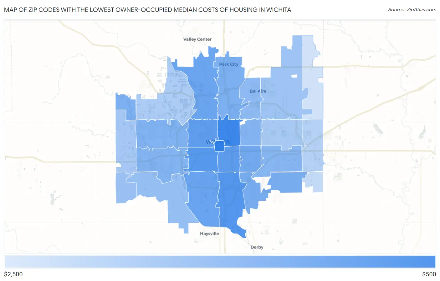 Zip Codes with the Lowest Owner-Occupied Median Costs of Housing in Wichita Map