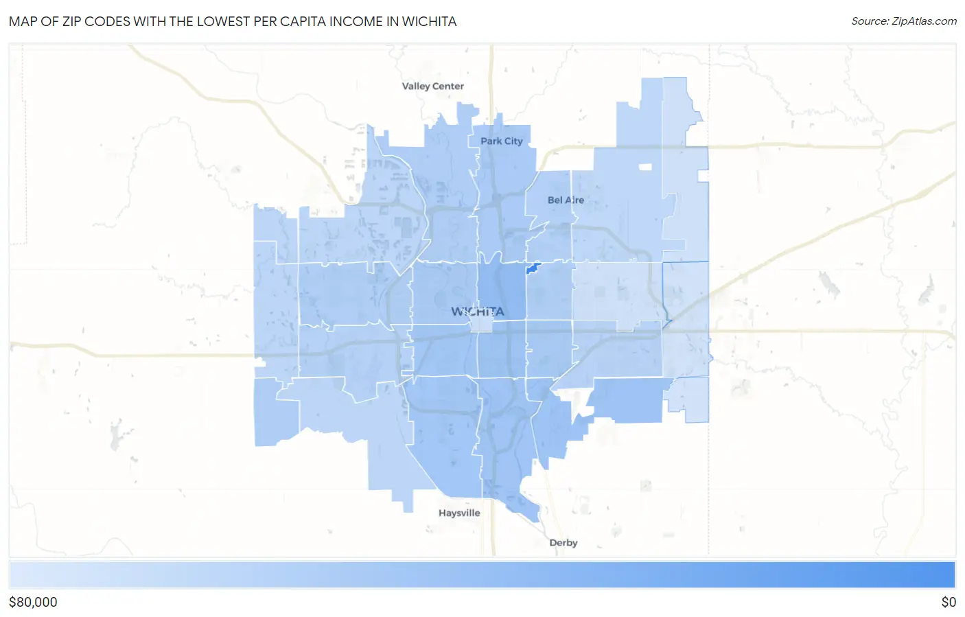 Zip Codes with the Lowest Per Capita Income in Wichita Map