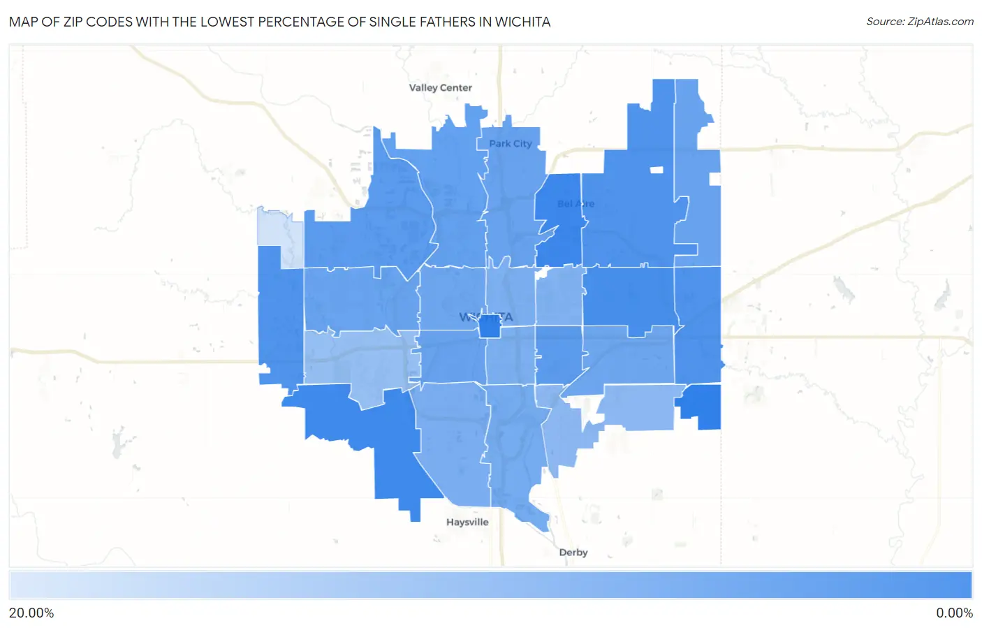 Zip Codes with the Lowest Percentage of Single Fathers in Wichita Map
