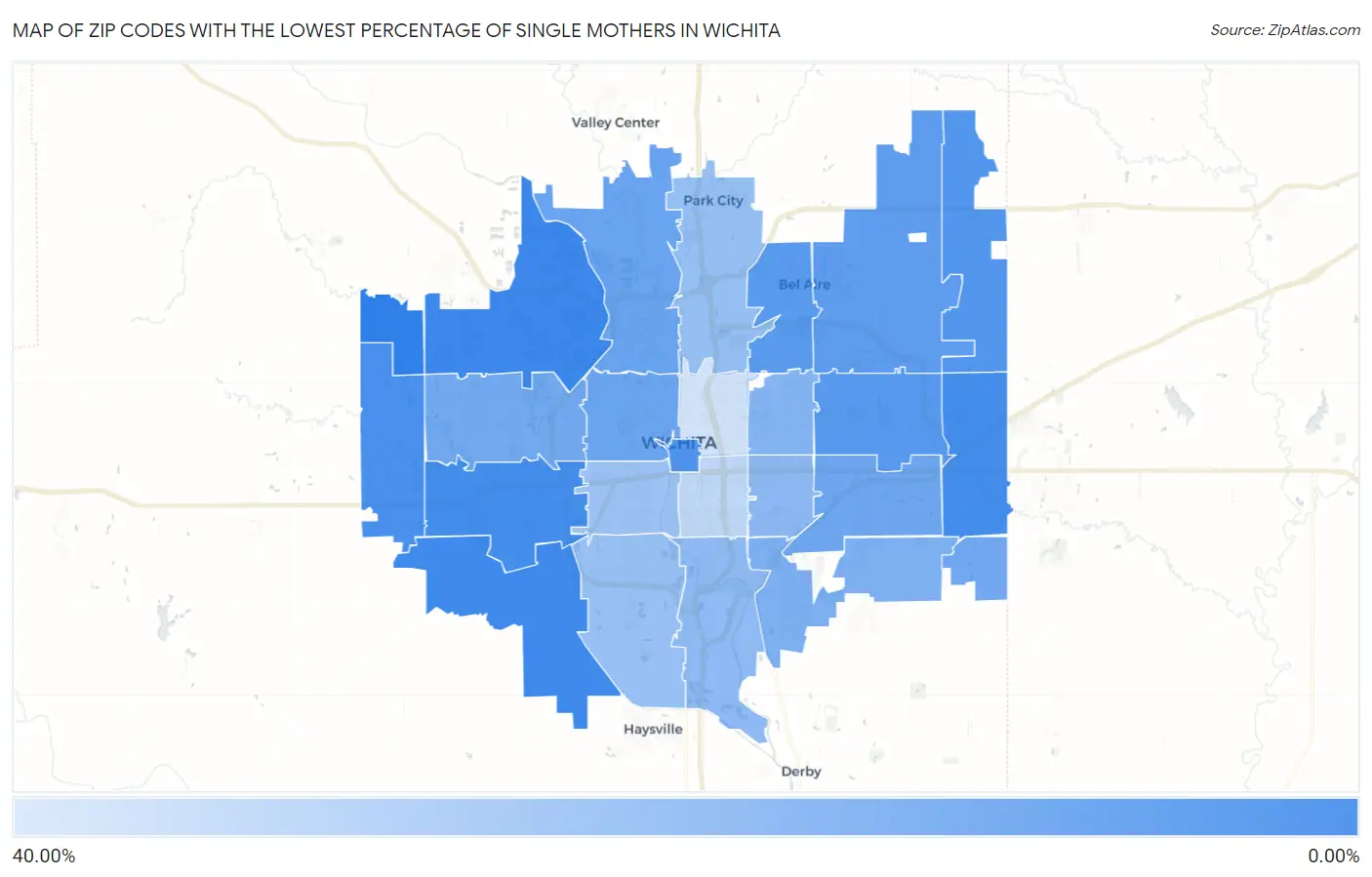Zip Codes with the Lowest Percentage of Single Mothers in Wichita Map