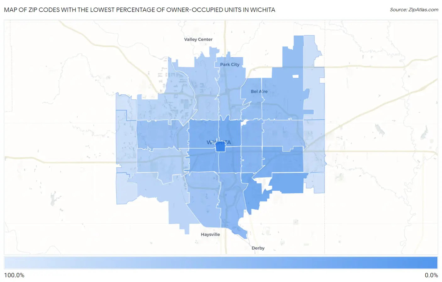 Zip Codes with the Lowest Percentage of Owner-Occupied Units in Wichita Map