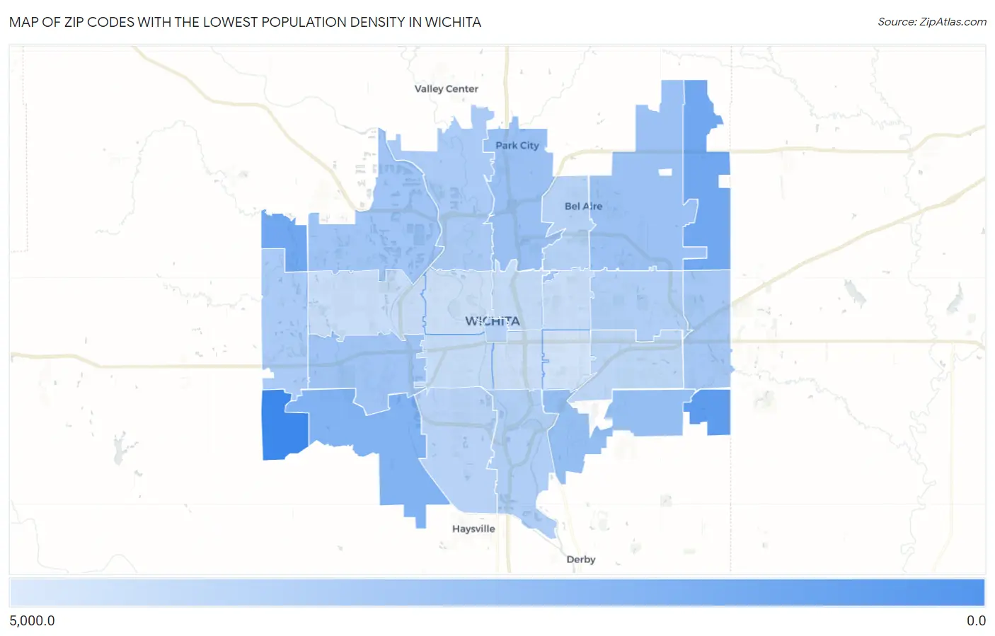 Zip Codes with the Lowest Population Density in Wichita Map